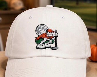 Full Moon Skeleton Golfer Hat, Spooky Halloween Golf Cap, Embroidered Fall Accessory