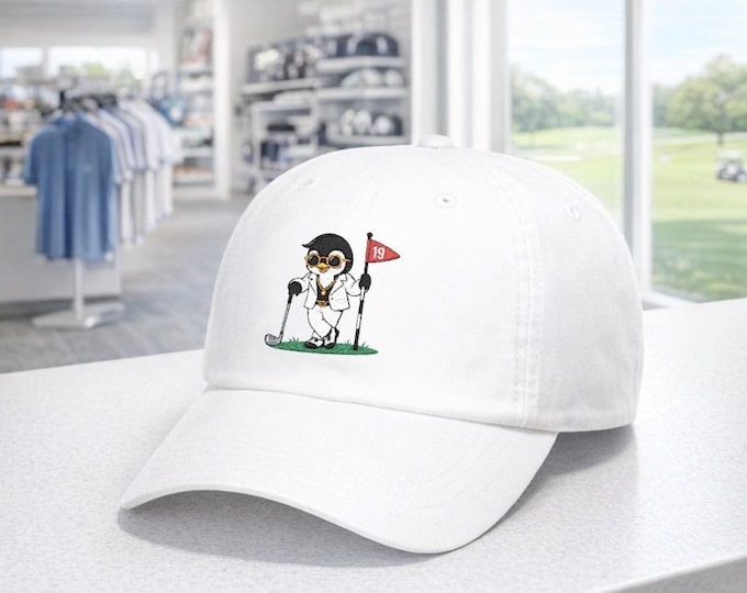 Retro Penguin Golfer Embroidery Design Cap | Cute Golf Penguin with Red Flag Stitch Art