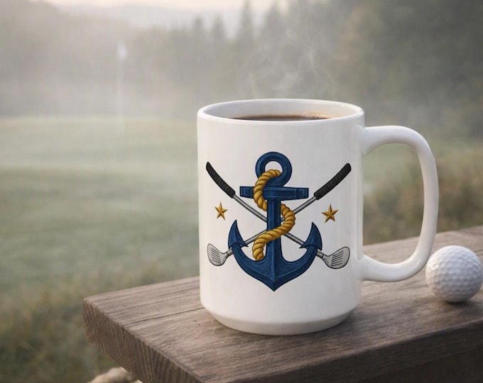 Anchor Golf Emblem, foggy morning golf course mug, steaming coffee, misty fairway, serene dawn light