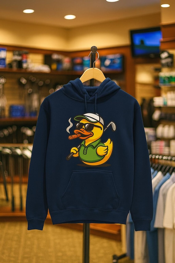 Cigar-Smoking Golfer Duck Hoodie | Golf Cartoon, Three-Panel Fleece