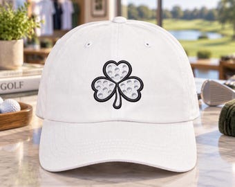 White Golf Ball Texture Clover Hat, Minimalist Embroidered Cap, Cotton Baseball Hat