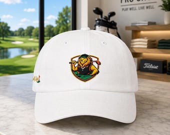Course King Golf Hat, Lion Crest Embroidery, Cotton Player Cap