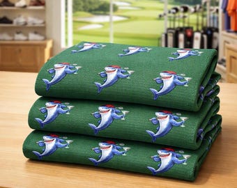 Shark Golfer Martini Golf Towel, Green Waffle-Texture, Grommet Accessory