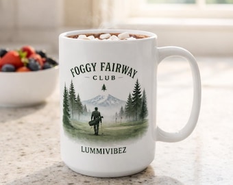 Foggy Fairway Club Mountain Forest Art Mug | PNW Golf Coffee Cup