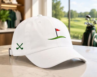Golf Flag Dad Hat | Embroidered Green Course Design, Crossed Clubs (100% Cotton)