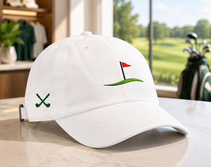 Golf Flag Dad Hat | Embroidered Green Course Design, Crossed Clubs (100% Cotton)
