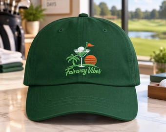 Fairway Vibes Golf Hat, Martini Glass Golf Ball Ice Cube Embroidery, Tropical Cap, Palm Tree Sunset Style
