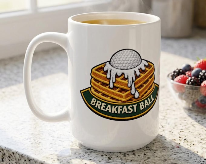 Breakfast Ball coffee mug, waffle stack golf design, three breakfast sausages, funny golfer gift, 15 oz mug