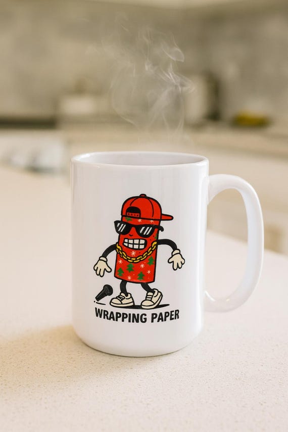 Funny Rapper Wrapping Paper Mug 15oz | Holiday Wrapper Illustration