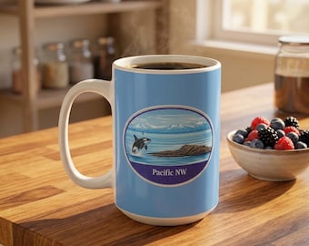 Orca Whale Illustration Mug, Puget Sound PNW Island Scene 15oz