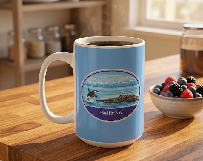 Orca Whale Illustration Mug, Puget Sound PNW Island Scene 15oz