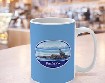 Salish Sea Seal on Rock Mug | Pacific Northwest Coast Oceanscape, 15oz