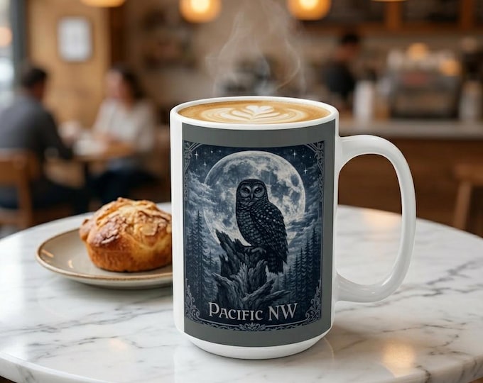 Northern Spotted Owl Moon Mug | Art Nouveau PNW Nighttime Illustration