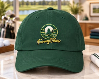 Fairway Vibes Golf Hat, Championship Gold Embroidery, Evergreen Tree Logo, Adjustable Cap