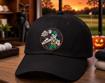 Embroidered Skeleton Caddie Golf Hat, Halloween Golf Gift, Rust Trim Patch