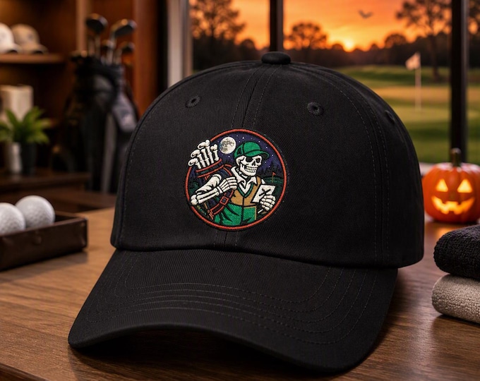 Embroidered Skeleton Caddie Golf Hat, Halloween Golf Gift, Rust Trim Patch