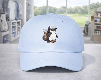 Penguin Golfer Walking Fairway Dad Cap | Golf Bird with Bag Embroidered
