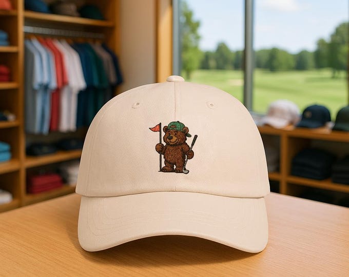 Golfing Brown Bear Dad Cap | Bear Putting, Flag & Putter Hat