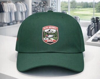 PNW Golf Cap, Embroidered Mountain Patch, Outdoor Cotton Apparel