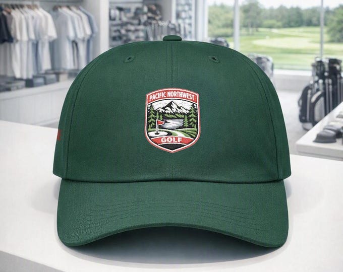 PNW Golf Cap, Embroidered Mountain Patch, Outdoor Cotton Apparel