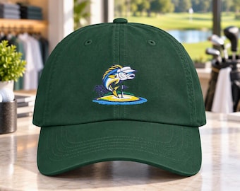 Coastal golf hat, jumping fish embroidery, tropical island golf cap, beach fishing golfer gift, premium stitched design