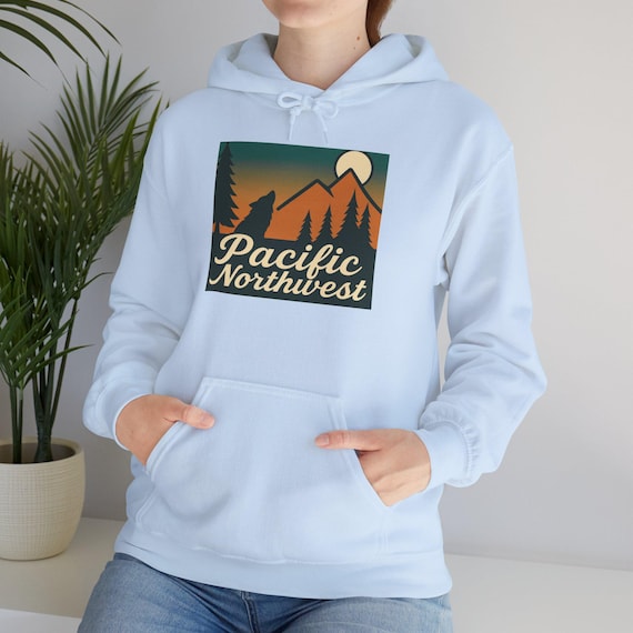 Pacific Northwest Mountain Sunset Howling Wolf Hoodie | Retro Outdoors Camping