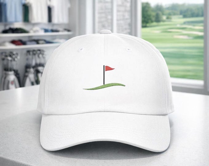 Golf Flag on Hilly Green Dad Cap | Golf Hat, Golfer Reminder