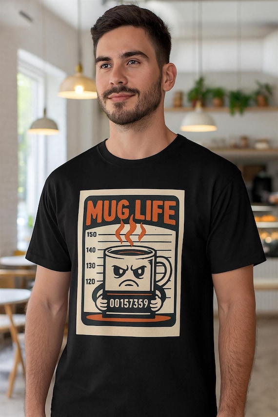 Coffee Mug Mugshot Retro Illustration T-Shirt | Funny Mug Life Tee