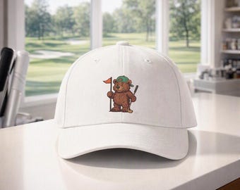 Golfing Brown Bear Dad Cap | Bear Putting, Flag & Putter Hat