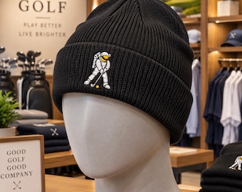 Astronaut Golfer Beanie, Space Golf Embroidered Hat, Unique Golf Gift, Winter Golf Style, Premium Knit Beanie