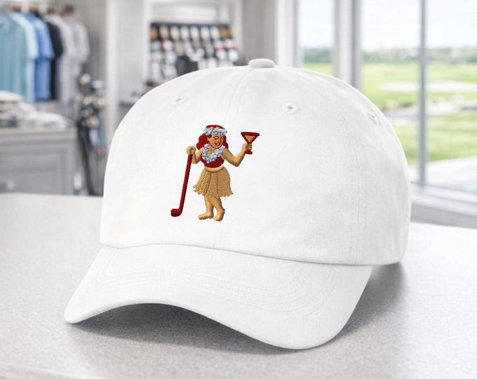 Hula Girl Holding Cocktail and Golf Club Cap | Tiki Golf Dad Hat