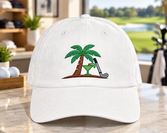 Palm Tree Golf Hat, Martini Cocktail Golf Cap, Tropical Embroidered Golf Dad Hat, Resort Vacation Golf Apparel