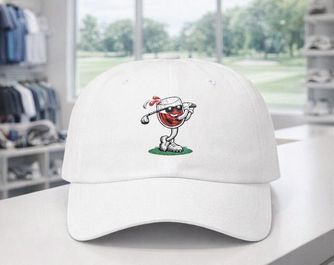 Embroidered Wine Glass Golfer Hat, Funny Golf Dad Cap, Adjustable Cotton Unisex SMILE