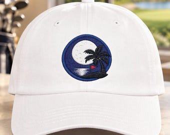 Golf Ball Moon Palm Tree Dad Cap, Tropical Golf Flag Embroidered Hat, Coastal Night Golf Logo, LummiVibez Premium Cap