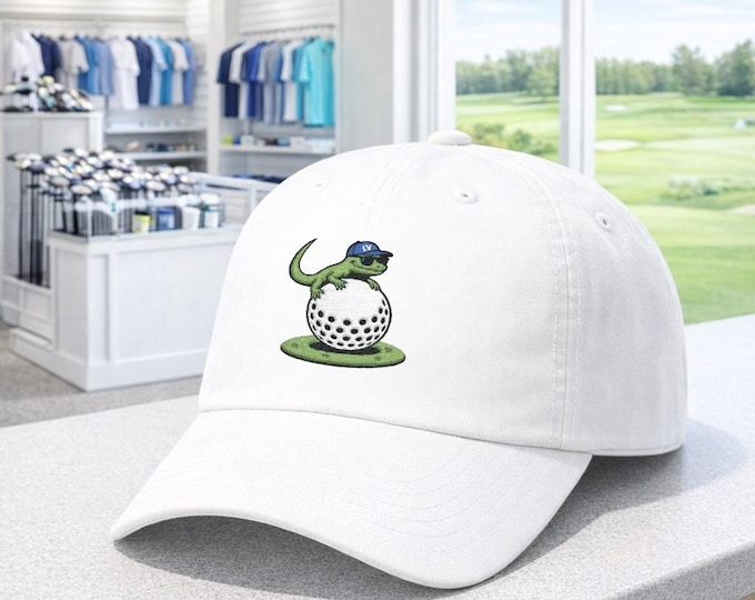 Lizard on Golf Ball Dad Cap | Golf Hat with Shades, Funny Golfer Design