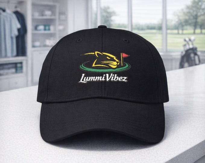 LummiVibez Black Golf Cap, Cougar Embroidery, Adjustable Dad Hat