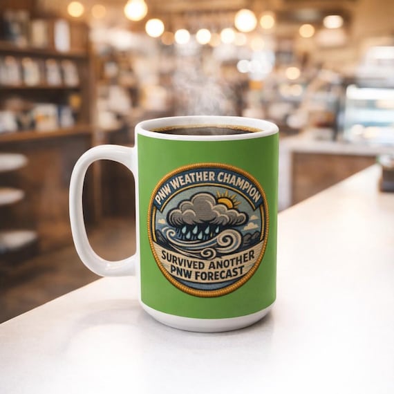 PNW Weather Champion Rain Cloud Badge Mug | Survived Another PNW Forecast