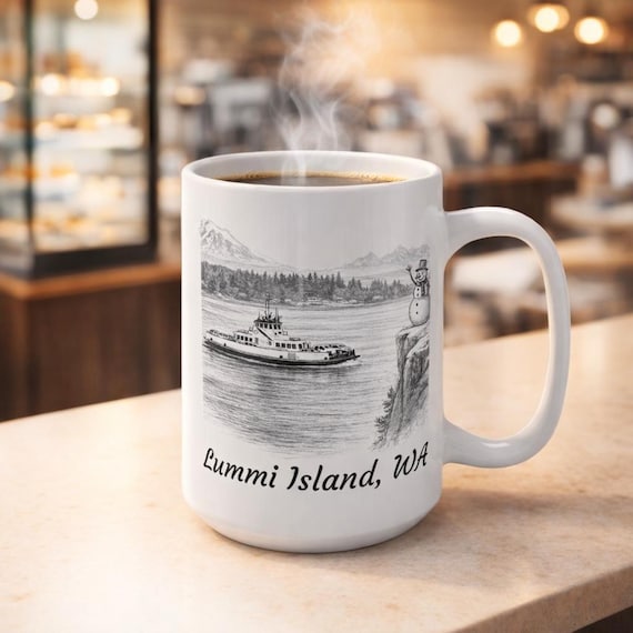 Lummi Island Snowman Ferry Mug, 15oz Coffee Cup