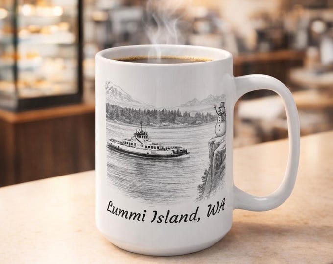 Lummi Island Snowman Ferry Mug, 15oz Coffee Cup