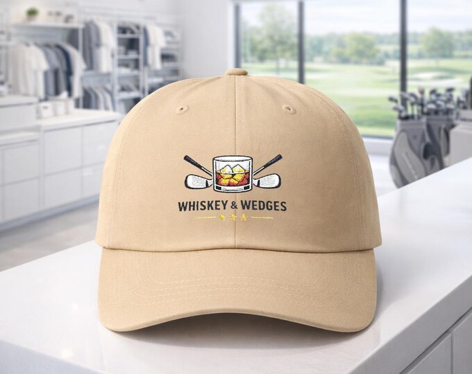 Whiskey & Wedges Embroidered Dad Cap | Whiskey Glass and Golf Clubs Hat