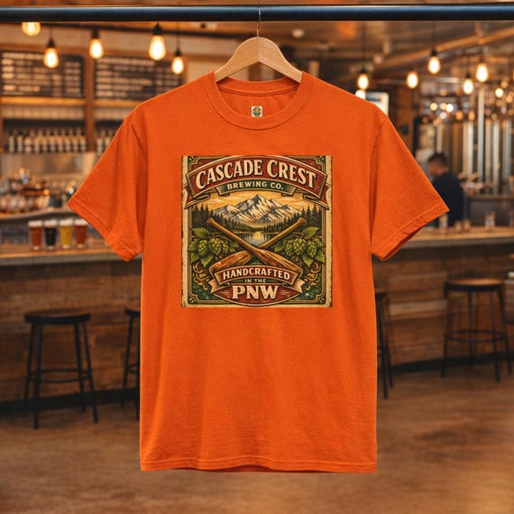 Cascade Crest Brewing Co label T-Shirt | PNW mountain beer badge tee
