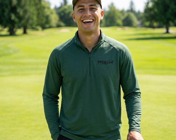 Forest Green PNW Golf Quarter Zip Pullover, Embroidered Athletic Layer
