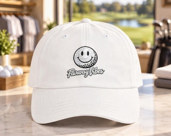 Fairway Vibes Golf Dad Hat, Happy Golf Ball Embroidery, PNW Style, Adjustable Cotton Cap