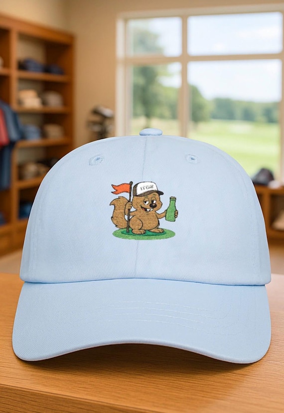 Tipsy Golfing Squirrel Dad Cap | Beer & Flag Golf Hat Logo