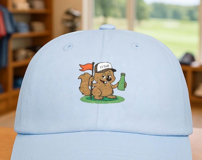 Tipsy Golfing Squirrel Dad Cap | Beer & Flag Golf Hat Logo