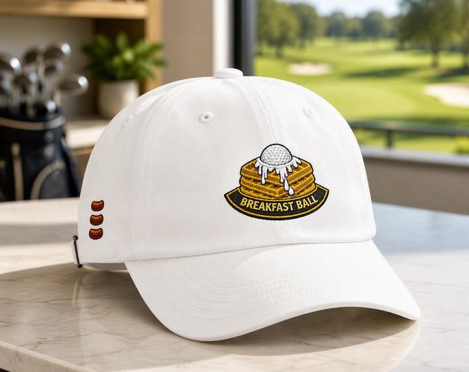 Breakfast Ball Golf Hat, Waffle Stack Embroidery, Sausage Detail (100% Cotton)