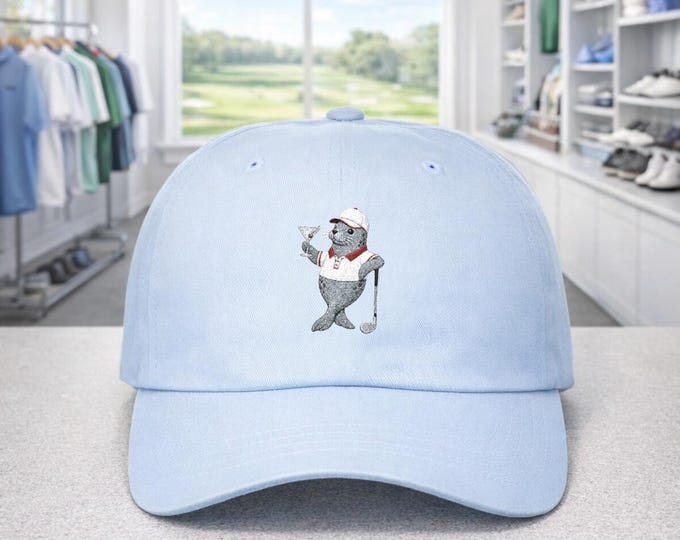 Golf Seal Holding Martini Dad Cap | Embroidered Golf Dad Cap, Cute Animal Golf Hat