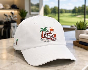 Tropical Golf Humor Dad Cap | Palm Trees, Golf Clubs, Funny Slogan