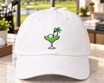 Embroidered Golf Margarita Hat, Tropical Cocktail Dad Cap, Palm Tree Design