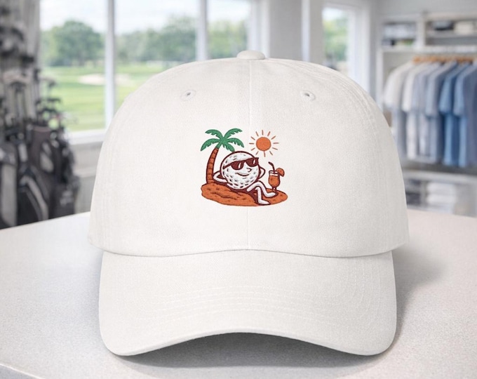 Tropical Golf Humor Dad Cap | Palm Trees, Golf Clubs, Funny Slogan
